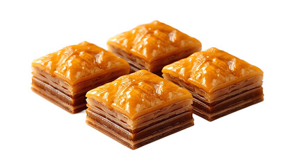 A stack of traditional baklava pastries on a black background