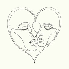 Minimalist continuous line art drawing of two faces in a tender kiss forming a heart