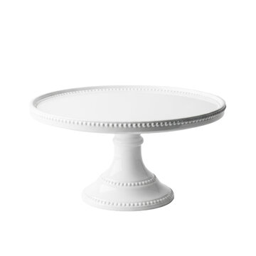 transparent ceramic cake stand with round top, sculpted pedestal, delicate beaded trim, glossy finish, isolated on transparent background, soft shadow. Concept for luxury product display