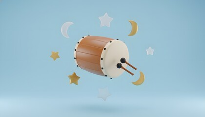 Cute 3D stylized bedug drum floating with golden stars and crescent moons on a soft blue background.