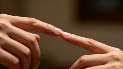 Two hands in a tender mood touching each other’s fingertips in soft focus