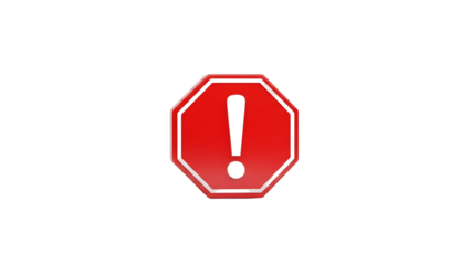 Red octagonal warning sign with exclamation mark isolated on transparent background