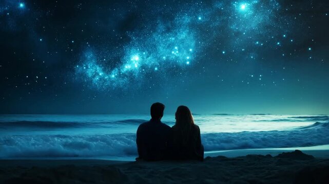 Romantic Couple Sitting on Beach Under Starry Night Sky Milky Way Over Ocean at Night