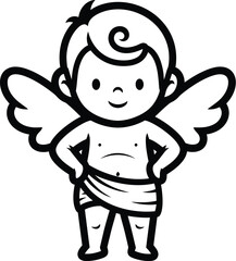 A cute cartoon baby angel character with funny wings and a happy smile in a black line art vector sketch outline drawing for a kid comic illustration