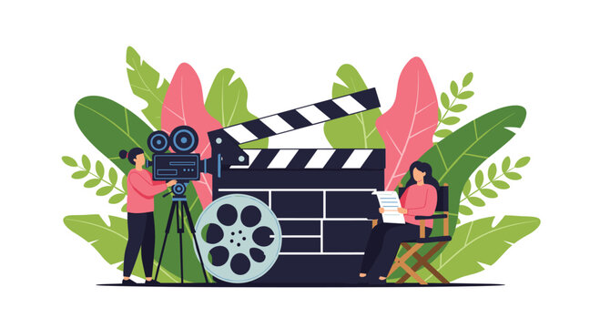 Two people work on a filmmaking set with a professional camera and a large clapboard surrounded by lush foliage symbolizing creative production and the entertainment industry.