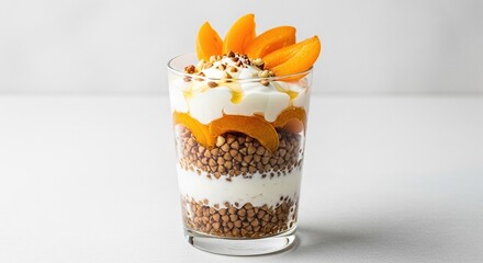 Delicious layered dessert with yogurt, granola, and fresh apricots in a glass.