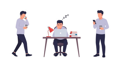 Flat vector illustration showing the same man in three different daily activities.