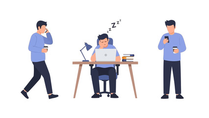 Flat vector illustration showing the same man in three different daily activities.