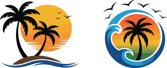 Tropical beach sunset vector logos, summer island silhouettes with palm trees, ocean waves, and flying birds © Majnur