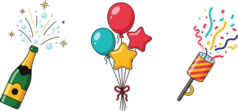 Vibrant celebration icons with champagne, balloons, and party popper