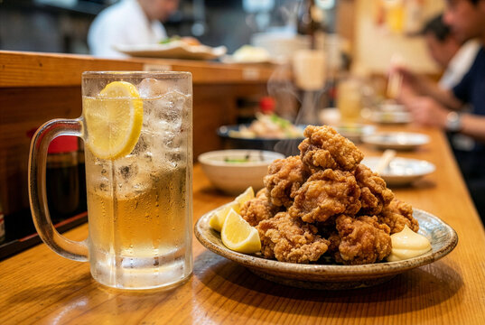 Steaming karaage fried chicken and icy highball on a wooden izakaya counter