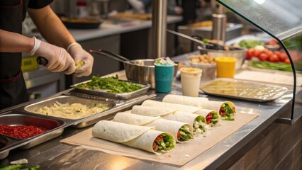 A person preparing wraps on a food preparation counter