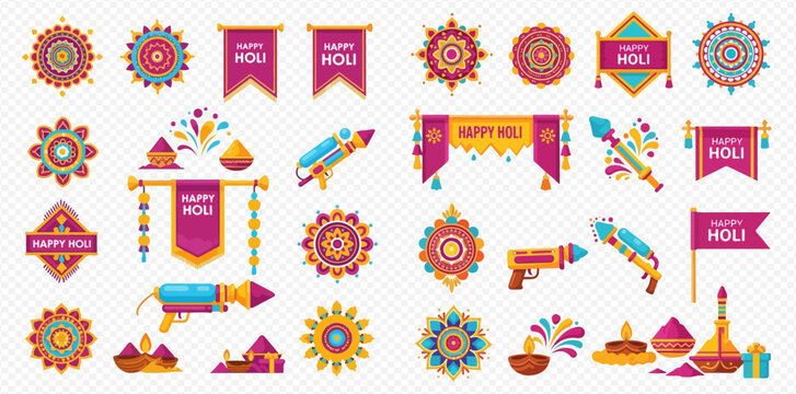 Happy Holi festival celebration elements set with colorful mandalas, banners, water guns, and powder.