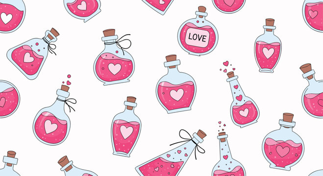 Charming seamless pattern of various love potion bottles with hearts and labels symbolizing romance magic and affection for endless design possibilities.