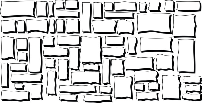 Hand-drawn blank frames and panels grid. Irregular white rectangles and squares with shadows for comic, book, photo collage, poster, flyer. Vector illustration style layout template.