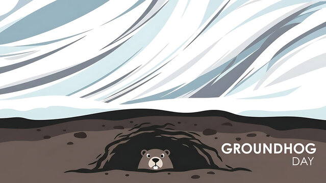 A whimsical illustration depicts a groundhog peeking out of its dark burrow with 'Groundhog Day' text.