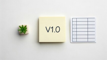 Flat lay of sticky note displaying version number on white