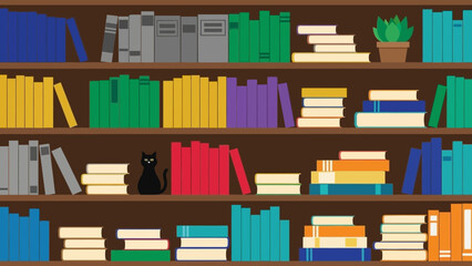 Colorful books on wooden shelves with decorative items. © Abhinaya Project