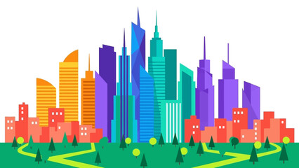 Vibrant Cityscape with Modern Skyscrapers and Urban Park.