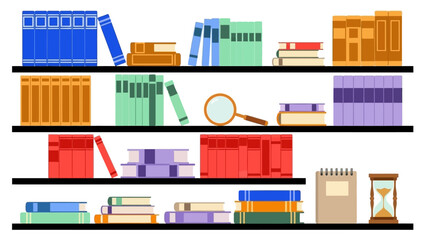 Colorful bookshelves filled with various books and office supplies. © Abhinaya Project