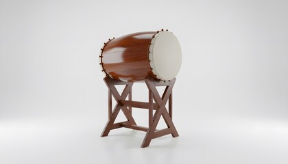 A 3D rendered traditional Islamic drum (bedug) on a tall wooden stand, isolated on a clean white background.