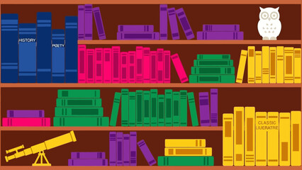 Colorful bookshelves filled with books of various sizes and colors. © Abhinaya Project