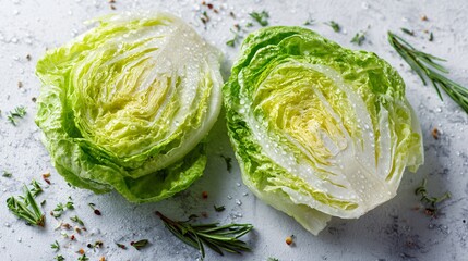Iceberg lettuce cut in half, visible condensation, marble background, minimal herbs scattered