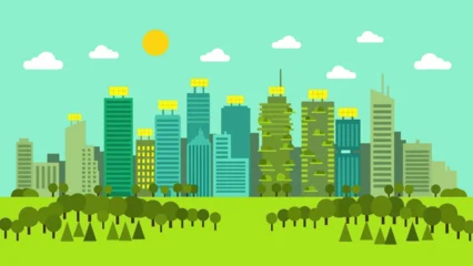 Fotobehang Zeegroen Sustainable cityscape with green spaces and modern buildings.  © Abhinaya Project