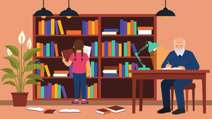 Elderly man working at desk with young girl reading near bookshelves. © Abhinaya Project