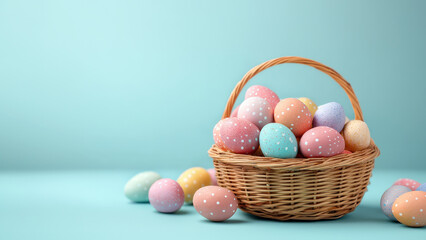 Colorful Easter eggs in wicker baskets, festive spring holiday concept, pastel painted eggs, celebration decoration isolated on light pastel blue background, copy space