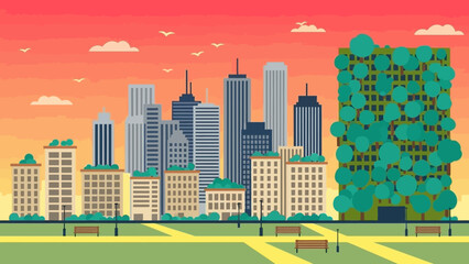 Naklejka premium Cityscape with modern skyscrapers and park at sunset.