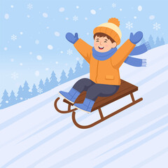 Happy  boy  are sledding from snow hills. Winter fun. Vector illustration