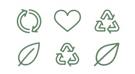 Eco friendly icon set. Green recycle and ecology symbols. Love nature concept with heart, leaf, and arrow icons. Sustainable living and environmental protection vector line art.