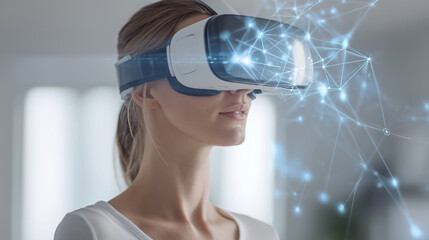 a person woman in VR virtual reality glasses looks, education and modern technologies, learning the future, AI technology, Caucasian race