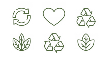 Eco friendly icon set. Green recycle and ecology symbols. Love nature concept with heart, leaf, and arrow icons. Sustainable living and environmental protection vector line art.