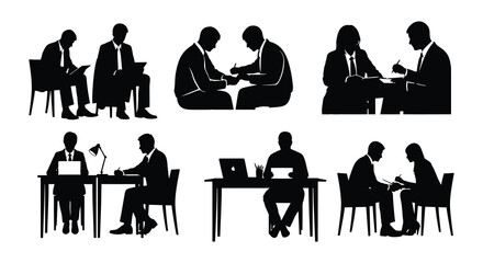 Business professionals in various meeting and presentation scenarios depicted in silhouettes