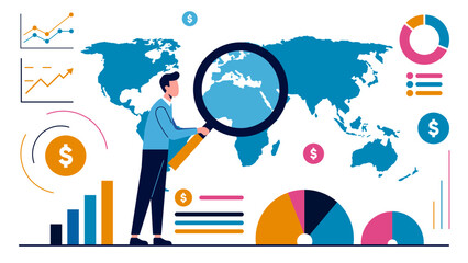 Global Economic Analysis and International Investment Research Concept with Businessman Using Magnifying Glass Flat Illustration