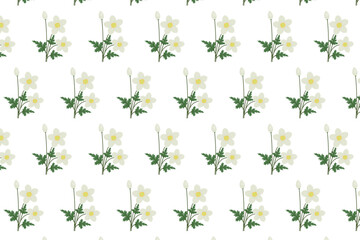 Simple spring flowers seamless pattern, swatch available in swatches panel, with white anemone blossoms and green leaves on white background