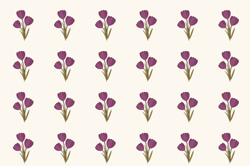 Simple spring crocus flowers seamless pattern, swatch available in swatches panel, with purple crocus blossoms and green leaves on light beige background