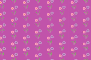 Simple spring cosmos flowers seamless pattern, swatch available in swatches panel, with pink and lilac daisy-like blossoms and green stems on bright purple background