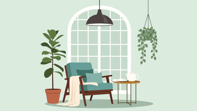 Cozy reading nook with armchair and plants near arched window.