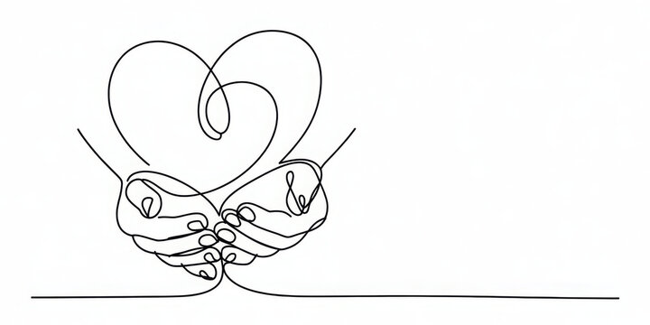 One line drawing of hands holding a heart, love and care concept 
