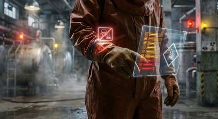 Worker using digital interface to monitor safety data in industrial factory environment with steam and machinery.