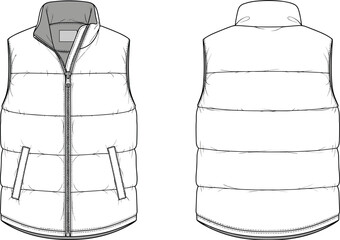 Technical fashion flat sketch of padded sleeveless puffer vest with zipper front and back view outerwear illustration © MSTMONIRA
