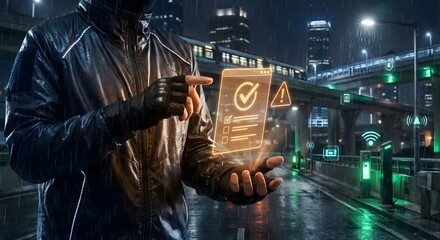 Person interacting with futuristic digital interface in a rainy city at night, checking data and security systems.