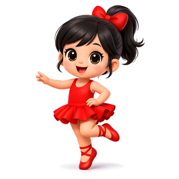 Cute Girl in Red Dress and Ballet Shoes Joyfully Poses with One Arm Outstretched