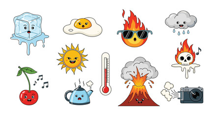 Fototapeta premium Collection of cartoon weather and daily object emojis depicts cute, expressive characters including ice cubes sun clouds fire and a cherry with music notes.