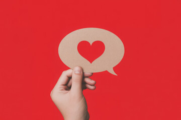 Red paper heart on a conversational cloud. Symbol of love and conversation and declaration of love  
