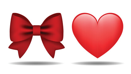 Red ribbon bow illustration and heart shape isolated on white background