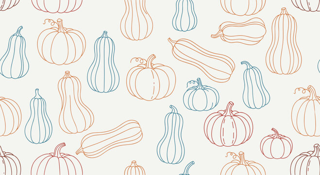 Seamless pattern showcases various types of outline pumpkins and gourds in subtle colors against a light background creating a charming autumnal or harvest theme.